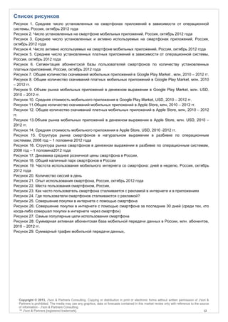 Список рисунков
Рисунок 1. Среднее число установленных на смартфонах приложений в зависимости от операционной
системы, Россия, октябрь 2012 года
Рисунок 2. Число установленных на смартфоне мобильных приложений, Россия, октябрь 2012 года
Рисунок 3. Среднее число установленных и активно используемых на смартфонах приложений, Россия,
октябрь 2012 года
Рисунок 4. Число активно используемых на смартфоне мобильных приложений, Россия, октябрь 2012 года
Рисунок 5. Среднее число установленных платных приложений в зависимости от операционной системы,
Россия, октябрь 2012 года
Рисунок 6. Сегментация абонентской базы пользователей смартфонов по количеству установленных
платных приложений, Россия, октябрь 2012 года
Рисунок 7. Общее количество скачиваний мобильных приложений в Google Play Market , млн, 2010 – 2012 гг.
Рисунок 8. Общее количество скачиваний платных мобильных приложений в Google Play Market, млн, 2010
– 2012 гг.
Рисунок 9. Объем рынка мобильных приложений в денежном выражении в Google Play Market, млн. USD,
2010 – 2012 гг.
Рисунок 10. Средняя стоимость мобильного приложения в Google Play Market, USD, 2010 – 2012 гг.
Рисунок 11.Общее количество скачиваний мобильных приложений в Apple Store, млн, 2010 – 2012 гг.
Рисунок 12. Общее количество скачиваний платных мобильных приложений в Apple Store, млн, 2010 – 2012
гг.
Рисунок 13.Объем рынка мобильных приложений в денежном выражении в Apple Store, млн. USD, 2010 –
2012 гг.
Рисунок 14. Средняя стоимость мобильного приложения в Apple Store, USD, 2010 -2012 гг.
Рисунок 15. Структура рынка смартфонов в натуральном выражении в разбивке по операционным
системам, 2008 год – 1 половина 2012 года
Рисунок 16. Структура рынка смартфонов в денежном выражении в разбивке по операционным системам,
2008 год – 1 половина2012 года
Рисунок 17. Динамика средней розничной цены смартфона в России,
Рисунок 18. Общий наличный парк смартфонов в России
Рисунок 19. Частота использования мобильного интернета со смартфона: дней в неделю, Россия, октябрь
2012 года
Рисунок 20. Количество сессий в день
Рисунок 21. Опыт использования смартфона, Россия, октябрь 2012 года
Рисунок 22. Места пользования смартфоном, Россия,
Рисунок 23. Как часто пользователь смартфона сталкивается с рекламой в интернете и в приложениях
Рисунок 24. Где пользователи смартфонов сталкиваются с рекламой?
Рисунок 25. Совершение покупки в интернете с помощью смартфона
Рисунок 26. Совершение покупки в интернете с помощью смартфона за последние 30 дней (среди тех, кто
когда-либо совершал покупки в интернете через смартфон)
Рисунок 27. Самые популярные цели использования смартфона
Рисунок 28. Суммарная активная абонентская база мобильной передачи данных в России, млн. абонентов,
2010 – 2012 гг.
Рисунок 29. Суммарный трафик мобильной передачи данных,




  Copyright © 2013, J'son & Partners Consulting. Copying or distribution in print or electronic forms without written permission of J'son &
  Partners is prohibited. The media may use any graphics, data or forecasts contained in this market review only with reference to the source
  of information - J'son & Partners Consulting.
  ™ J'son & Partners [registered trademark].                                                                                             12
 