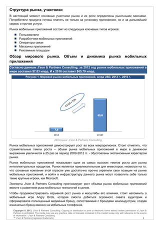 Структура рынка, участники
В настоящий момент основные участники рынка и их роли определены рыночными законами.
Потребители продукта готовы платить не только за установку приложения, но и за дальнейший
сервис и прочие услуги.
Рынок мобильных приложений состоит из следующих ключевых типов игроков:
       Пользователи
       Разработчики мобильных приложений
       Операторы связи
       Магазины приложений
       Рекламные площадки

Обзор мирового                       рынка.           Объем             и     динамика               рынка            мобильных
приложений
Согласно данным J'son & Partners Consulting, за 2012 год рынок мобильных приложений в
мире составил $7,83 млрд. И к 2016 составит $65,79 млрд.
              Рисунок 1. Мировой рынок мобильных приложений, млрд USD, 2012 г., 2016 г.




                                                                                         65,8




                                             7,8

                                            2012                                         2016F

                                            Источник: J’son & Partners Consulting

Рынок мобильных приложений демонстрирует рост во всех макрорегионах. Стоит отметить, что
стремительные темпы роста – объем рынка мобильных приложений в мире в денежном
выражении увеличился в 25 раз за период 2009-2012 гг. - обусловлены экспансивным характером
рынка.
Рынок мобильных приложений показывает одни из самых высоких темпов роста для рынка
интеллектуальных продуктов. Рынок является привлекательным для инвесторов, несмотря на то,
что основные компании этой отрасли уже достаточно прочно укрепили свои позиции на рынке
мобильных приложений, и войти в инфраструктуру данного рынка могут позволить себе только
такие крупные игроки, как Microsoft.
Эксперты J'son & Partners Consulting прогнозируют рост объема рынка мобильных приложений
вместе с развитием рыка мобильных технологий в целом.
Чтобы продемонстрировать взрывной рост рынка и масштабы его влияния, стоит напомнить о
мобильный игре Angry Birds, которая смогла добиться огромного охвата аудитории и
сформировала полноценный медийный бренд, сопоставимый с брендами киноиндустрии, создав
изначально бренд именно на мобильных телефонах.
  Copyright © 2013, J'son & Partners Consulting. Copying or distribution in print or electronic forms without written permission of J'son &
  Partners is prohibited. The media may use any graphics, data or forecasts contained in this market review only with reference to the source
  of information - J'son & Partners Consulting.
  ™ J'son & Partners [registered trademark].                                                                                             3
 