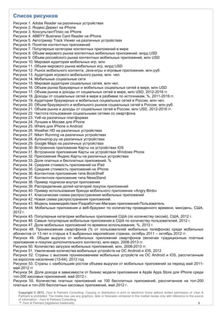 Список рисунков
Рисунок 1. Adobe Reader на различных устройствах
Рисунок 2. Яндекс.Директ на iPhone
Рисунок 3. КонсультантПлюс на iPhone
Рисунок 4. ABBYY Business Card Reader на iPhone
Рисунок 5. Автотрекер Track Viewer на различных устройствах
Рисунок 6. Понятие контентных приложений
Рисунок 7. Популярные категории контентных приложений в мире
Рисунок 8. Объем мирового рынка контентных мобильных приложений, млрд USD
Рисунок 9. Объем российского рынка контентных мобильных приложений, млн USD
Рисунок 10. Мировая аудитория мобильных игр, млн
Рисунок 11. Объем мирового рынка мобильных игр, млрд USD
Рисунок 12. Рынок мобильного контента: Java-игры и игровые приложения, млн руб.
Рисунок 13. Аудитория игрового мобильного рынка, млн. чел.
Рисунок 14. Мобильные социальные сети
Рисунок 15. Мировая аудитория социальных сетей, млн чел.
Рисунок 16. Объем рынка браузерных и мобильных социальных сетей в мире, млн USD
Рисунок 17. Объем рынка и доходы от социальных сетей в мире, млн USD, 2012-2016 гг.
Рисунок 18. Доходы от социальных сетей в мире в разбивке по источникам, %, 2011-2016 гг.
Рисунок 19. Аудитория браузерных и мобильных социальных сетей в России, млн чел.
Рисунок 20. Объем браузерного и мобильного рынков социальных сетей в России, млн руб.
Рисунок 21. Объем рынка и доходы от социальных сетей в России, млн USD, 2012-2016 гг.
Рисунок 22. Частота пользования социальными сетями со смартфона
Рисунок 23. Yell на различных платформах
Рисунок 24. Лучшее в Москве для iPhone
Рисунок 25. Where для iPhone и Android
Рисунок 26. Weather HD на различных устройствах
Рисунок 27. Nike+ Running на различных устройствах
Рисунок 28. Купонатор.ру на различных устройствах
Рисунок 29. Google Maps на различных устройствах
Рисунок 30. Встроенное приложение Карты на устройствах iOS
Рисунок 31. Встроенное приложение Карты на устройствах Windows Phone
Рисунок 32. Приложение Яндекс.Карты на различных устройствах
Рисунок 33. Доля платных и бесплатных приложений, %
Рисунок 34. Средняя стоимость приложений на iPad
Рисунок 35. Средняя стоимость приложений на iPhone
Рисунок 36. Контентное приложение типа BookShelf
Рисунок 37. Контентное приложение типа NewsStand
Рисунок 38. Пример подписки внутри приложения
Рисунок 39. Распределение долей категорий покупок приложений
Рисунок 40. Пример использования бренда мобильного приложения «Angry Birds»
Рисунок 41. Классическая схема распространения мобильных приложений
Рисунок 42. Новая схема распространения приложений.
Рисунок 43. Модель взаимодействия Разработчик-Магазин приложений-Пользователь
Рисунок 44. Мобильные приложения и веб-браузинг по количеству проведенного времени, мин/день, США,
2012 г.
Рисунок 45. Популярные категории мобильных приложений США (по количеству сессий), США, 2012 г.
Рисунок 46. Самые популярные мобильные приложения в США по количеству пользователей, 2012 г.
Рисунок 47. Доли мобильных приложений по времени использования, %, 2012 г.
Рисунок 48. Проникновение смартфонов (% от пользователей мобильных телефонов) среди мобильных
абонентов от 13 лет и старше в 5 выбранных европейских странах, октябрь 2011 – октябрь 2012 гг.
Рисунок 49. Общая выручка от мобильных приложений смартфонов (включая традиционные платные
приложения и покупки дополнительного контента), млн евро, 2008-2013 гг.
Рисунок 50. Количество загрузок мобильных приложений, млн, 2008-2013 гг.
Рисунок 51. Увеличение количества мобильных устройств на ОС Android и iOS, 2012
Рисунок 52. Страны с высоким проникновением мобильных устройств на ОС Android и iOS, рассчитанным
на взрослое население (15-64), 2012 год
Рисунок 53. Страны с наибольшим ростом объема выручки от мобильных приложений за период май 2011-
май 2012 гг
Рисунок 54. Доля дохода в зависимости от бизнес модели приложения в Apple Apps Store для iPhone среди
топ-200 кассовых приложений, май 2012 г.
Рисунок 55. Количество платных приложений на 100 бесплатных приложений, рассчитанное на топ-200
платных и топ-200 бесплатных кассовых приложений, май 2012 г.
  Copyright © 2013, J'son & Partners Consulting. Copying or distribution in print or electronic forms without written permission of J'son &
  Partners is prohibited. The media may use any graphics, data or forecasts contained in this market review only with reference to the source
  of information - J'son & Partners Consulting.
  ™ J'son & Partners [registered trademark].                                                                                             8
 