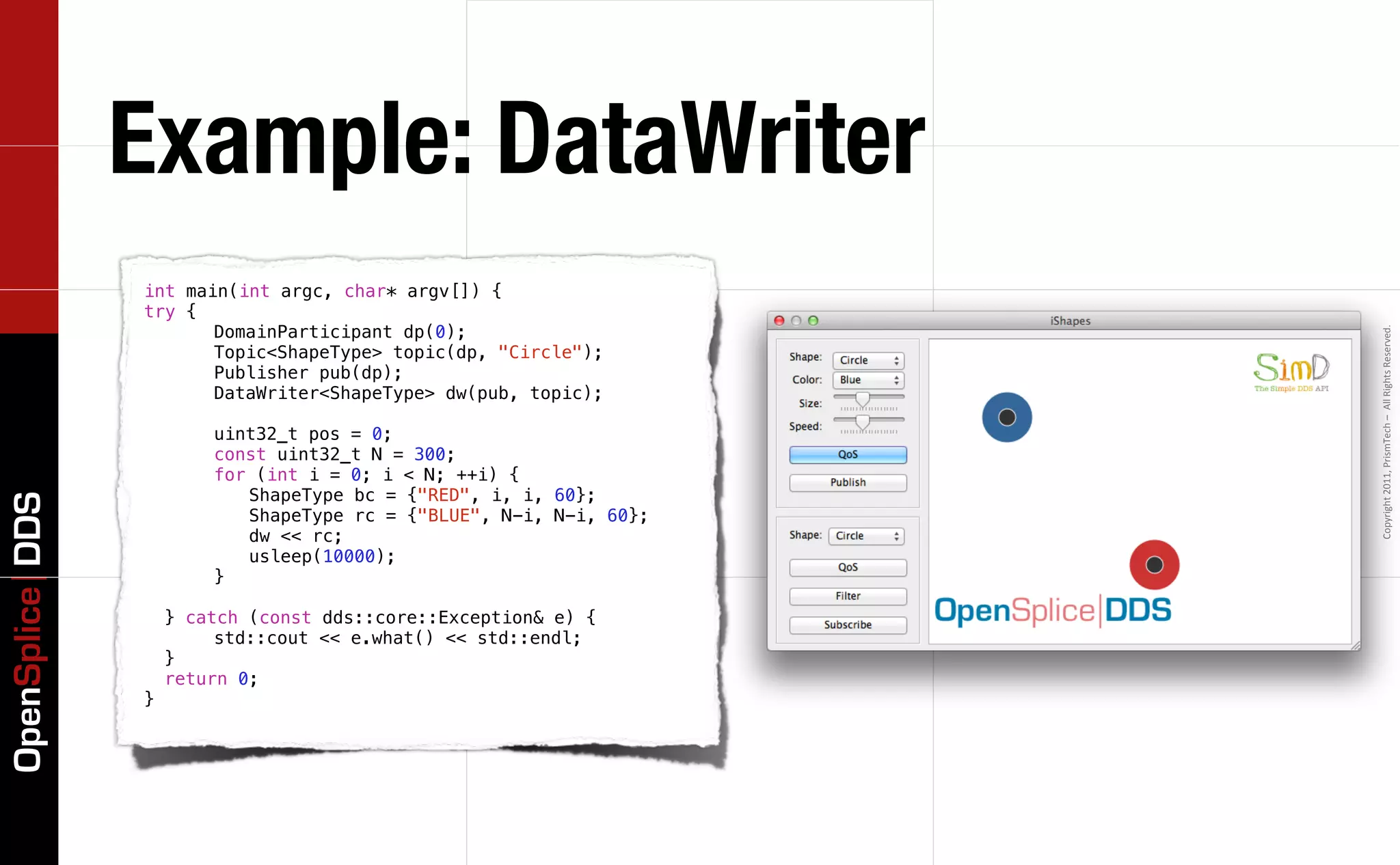 Example: DataWriter
                 int main(int argc, char* argv[]) {
                 try {
                 ! !    DomainParticipant dp(0);




                                                                    Copyright	
  2011,	
  PrismTech	
  –	
  	
  All	
  Rights	
  Reserved.
                 ! !    Topic<ShapeType> topic(dp, "Circle");
                 ! !    Publisher pub(dp);
                 ! !    DataWriter<ShapeType> dw(pub, topic);

                 !   !   uint32_t pos = 0;
                 !   !   const uint32_t N = 300;
                 !   !   for (int i = 0; i < N; ++i) {
                 !   !   ! ShapeType bc = {"RED", i, i, 60};
OpenSplice DDS




                 !   !   ! ShapeType rc = {"BLUE", N-i, N-i, 60};
                 !   !   ! dw << rc;
                 !   !   ! usleep(10000);
                 !   !   }

                 !   } catch (const dds::core::Exception& e) {
                 !   !    std::cout << e.what() << std::endl;
                 !   }
                 !   return 0;
                 }
 