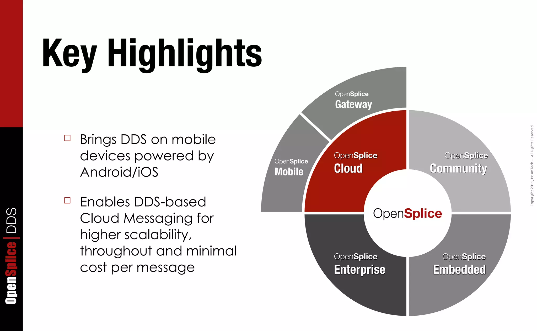 Key Highlights
                                                            OpenSplice
                                                            Gateway




                                                                                                   Copyright	
  2011,	
  PrismTech	
  –	
  	
  All	
  Rights	
  Reserved.
                  ☐   Brings DDS on mobile
                      devices powered by       OpenSplice
                                                            OpenSplice                OpenSplice

                      Android/iOS              Mobile       Cloud                Community

                  ☐   Enables DDS-based
                                                                         OpenSplice
OpenSplice DDS




                      Cloud Messaging for
                      higher scalability,
                      throughout and minimal                OpenSplice                OpenSplice
                      cost per message                      Enterprise           Embedded
 