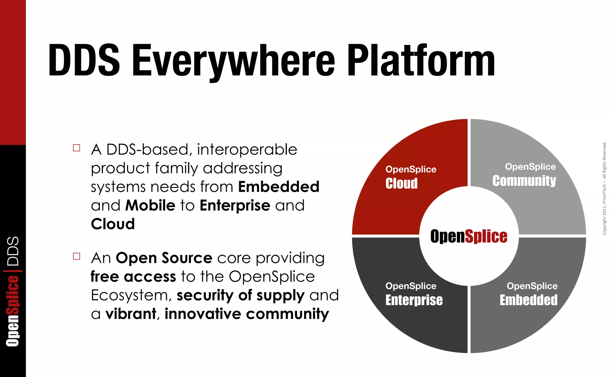 DDS Everywhere Platform
                      A DDS-based, interoperable




                                                                                         Copyright	
  2011,	
  PrismTech	
  –	
  	
  All	
  Rights	
  Reserved.
                  ☐
                      product family addressing           OpenSplice       OpenSplice

                      systems needs from Embedded         Cloud           Community
                      and Mobile to Enterprise and
                      Cloud
                                                                  OpenSplice
OpenSplice DDS




                  ☐   An Open Source core providing
                      free access to the OpenSplice       OpenSplice        OpenSplice
                      Ecosystem, security of supply and   Enterprise       Embedded
                      a vibrant, innovative community
 