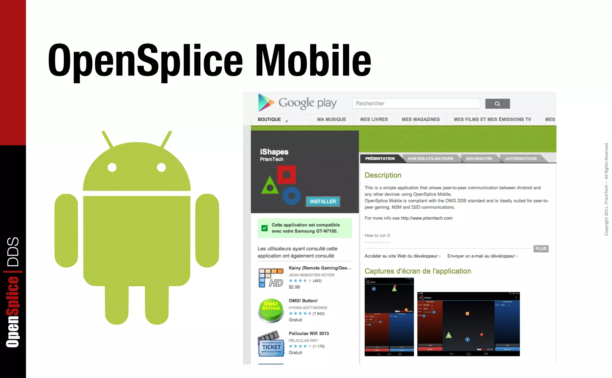 OpenSplice DDS


                                                                                          OpenSplice Mobile




                 Copyright	
  2011,	
  PrismTech	
  –	
  	
  All	
  Rights	
  Reserved.
 