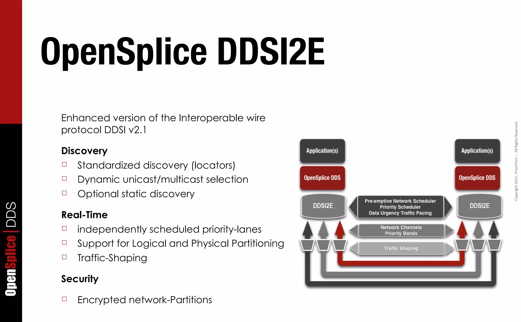 OpenSplice DDSI2E
                  Enhanced version of the Interoperable wire




                                                                    Copyright	
  2011,	
  PrismTech	
  –	
  	
  All	
  Rights	
  Reserved.
                  protocol DDSI v2.1

                  Discovery
                  ☐ Standardized discovery (locators)
                  ☐ Dynamic unicast/multicast selection
                  ☐ Optional static discovery
OpenSplice DDS




                  Real-Time
                  ☐ independently scheduled priority-lanes
                  ☐ Support for Logical and Physical Partitioning
                  ☐ Traffic-Shaping

                  Security
                  ☐   Encrypted network-Partitions
 