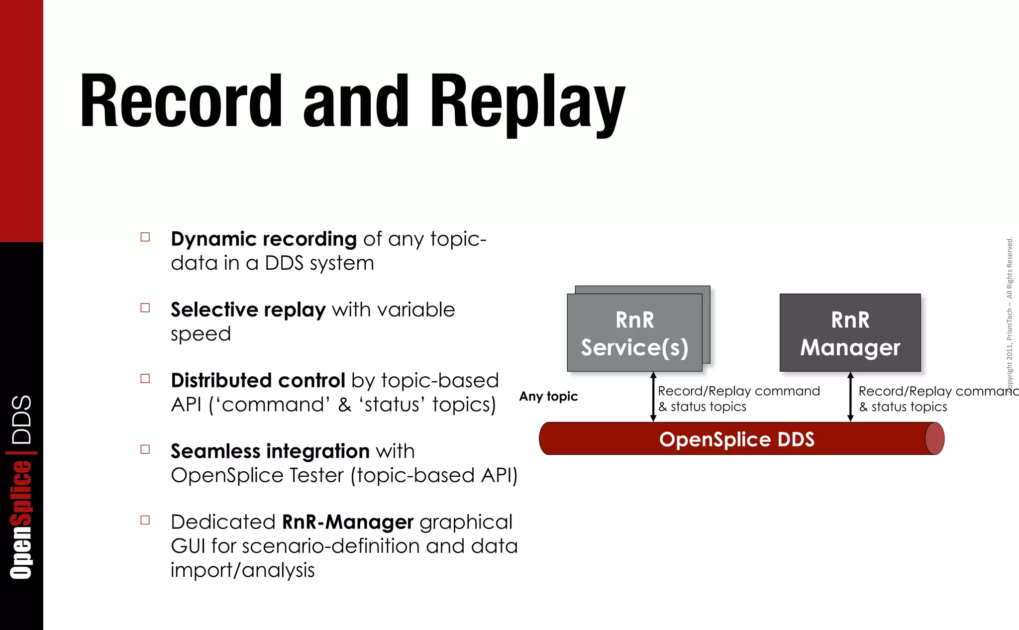 Record and Replay
                  ☐   Dynamic recording of any topic-




                                                                                                                          Copyright	
  2011,	
  PrismTech	
  –	
  	
  All	
  Rights	
  Reserved.
                      data in a DDS system

                  ☐   Selective replay with variable                         RnR
                                                                            RnR                     RnR
                      speed                                                Service
                                                                         Service(s)               Manager
                  ☐   Distributed control by topic-based                        Record/Replay command   Record/Replay command
                                                             Any topic
                      API (‘command’ & ‘status’ topics)
OpenSplice DDS




                                                                                & status topics         & status topics

                                                                                OpenSplice DDS
                  ☐   Seamless integration with
                      OpenSplice Tester (topic-based API)

                  ☐   Dedicated RnR-Manager graphical
                      GUI for scenario-definition and data
                      import/analysis
 