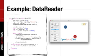 Example: DataReader
                 int main(int argc, char* argv[]) {
                    try {
                       DomainParticipant dp(0);




                                                                     Copyright	
  2011,	
  PrismTech	
  –	
  	
  All	
  Rights	
  Reserved.
                       Topic<ShapeType> topic(dp, "Circle");
                       Subscriber sub(dp);
                       DataReader<ShapeType> dr(sub, topic);

                       uint32_t pos = 0;
                       const uint32_t N = 300;
                       uint32_t max_size = 10;
                       const uint32_t sleepTime = 500000;
OpenSplice DDS




                       while (true) {
                          LoanedSamples<ShapeType> samples =
                             dr.read();
                          std::cout << "-----------" << std::endl;
                          for_each(samples.begin(), samples.end(),
                                   printShapeSample);

                           usleep(sleepTime);
                        }
                     } catch (const dds::core::Exception& e) {
                        std::cout << e.what() << std::endl;
                     }
                     return 0;
                 }
 