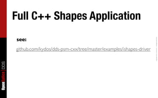 Full C++ Shapes Application
                 see:




                                                                                    Copyright	
  2011,	
  PrismTech	
  –	
  	
  All	
  Rights	
  Reserved.
                 github.com/kydos/dds-psm-cxx/tree/master/examples/ishapes-driver
OpenSplice DDS
 
