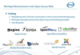 Wichtige Mechanismen in der Open Source Welt

   Forking
      Abspaltung eines Teils der Community in einen neuen Entwicklungszweig
      Wichtiges Damoklesschwert des Open Source Entwicklungsmodells
      Fork-Beispiele:




         Nagios/Icinga                      OpenOffice/LibreOffice




     MySQL/MariaDB/Drizzle/...                    Mambo/Joomla

                                                                              13
 