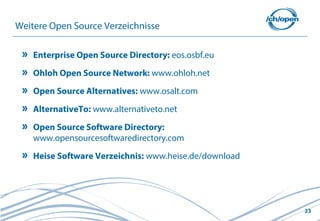 Weitere Open Source Verzeichnisse

    Enterprise Open Source Directory: eos.osbf.eu

    Ohloh Open Source Network: www.ohloh.net
    Open Source Alternatives: www.osalt.com

    AlternativeTo: www.alternativeto.net

    Open Source Software Directory:
    www.opensourcesoftwaredirectory.com
    Heise Software Verzeichnis: www.heise.de/download




                                                        23
 