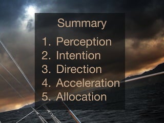 Summary
1.   Perception
2.   Intention
3.   Direction
4.   Acceleration
5.   Allocation
 