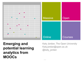 Massive           Open




                     Online            Courses

Emerging and         Katy Jordan, The Open University
                     Katy.jordan@open.ac.uk
potential learning   @katy_jordan
analytics from
MOOCs                 11/04/2013
 