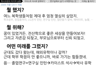 학사과정의 마지막 날들      카이스트 석사로 입학하기   연구실에서 살기 시작한다는 것   이제는 뭘 하지?
2009 가을~2011 여름

    뭘 했지?
  여느 복학생들처럼 제대 후 엄청 열심히 살았지.
  학과공부, 창업동아리, LG전자 인턴, 연구실 인턴, 앱만들기 알바, 해비타트, 농활, …


    뭘 위해?
  꿈이 있었거든. 전산학으로 좋은 세상을 만들어보자!
  그리고 자존감 되찾고, 부모님으로부터 신뢰 되찾고.

    어떤 미래를 그렸지?
  군대도 갔다 왔는데, 해외유학이나 갈까?
  근데 학부 학점이 안 좋으니까, 바로 가기는 힘들겠네.
  음… 졸업연구+연구실 인턴카이스트 석사박사 유학
 