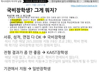 학사과정의 마지막 날들   카이스트 석사로 입학하기    연구실에서 살기 시작한다는 것         이제는 뭘 하지?
               2011 가을~2012 봄              http://admission.kaist.ac.kr

   국비장학생? 그게 뭐지?




 서류, 성적, 면접 다 OK  국비장학생
  석사 기준 매달 265,000원 지원 (대신 조교 2회), 학비 면제
  매 학기당 국비장학생 TO가 정해져 있다.

 전형 결과가 좀 안 좋음  KAIST장학생
  매달 지원 없고, 조교도 없고. 학비가 면제되지 않는다.
  대개 연구실에서 학비 지원그 연구실이 싫어도 매이게 될 수 있다

 기관에서 지원  일반장학생
 