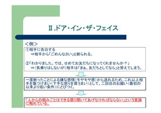 Ⅱ.ドア・イン・ザ・フェイス
        ドア・イン・ザ・フェイス

＜例＞
①相手に告白する
 ⇒相手から「ごめんなさい」と断られる。

②「わかりました。では、せめてお友だちになってくれませんか？」
  ⇒（気乗りはしないが）相手は「まぁ、友だちとしてなら」と答えてしまう。


一度断ったことによる嫌な感情（モヤモヤ感）から逃れるため、これ以上相
手を傷つけまい（下手な怒りを買うまい）として、二回目のお願い（最初の
以来より低い条件）にとびつく。


「人からの頼みごとはできる限り聞いてあげなければならない」という意識
に触れている。
 