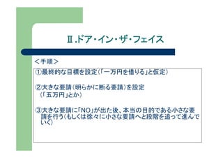 Ⅱ.ドア・イン・ザ・フェイス
         ドア・イン・ザ・フェイス

＜手順＞
①最終的な目標を設定（「一万円を借りる」と仮定）

②大きな要請（明らかに断る要請）を設定
 （「五万円」とか）

③大きな要請に「NO」が出た後、本当の目的である小さな要
 請を行う（もしくは徐々に小さな要請へと段階を追って進んで
 いく）
 