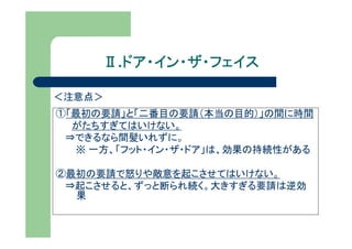 Ⅱ.ドア・イン・ザ・フェイス
       ドア・イン・ザ・フェイス

＜注意点＞
①「最初の要請」と「二番目の要請（本当の目的）」の間に時間
  がたちすぎてはいけない。
 ⇒できるなら間髪いれずに。
  ※ 一方、「フット・イン・ザ・ドア」は、効果の持続性がある

②最初の要請で怒りや敵意を起こさせてはいけない。
 ⇒起こさせると、ずっと断られ続く。大きすぎる要請は逆効
  果
 