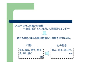 人生＝日々これ戦いの連続
   ⇒政治、ビジネス、教育、人間関係などなど・・・


私たちのあらゆる行動は感情（心）の動きにつながる。


     行動            心の動き
 見る、聞く、話す、触る、    喜ぶ、怒る、悲しむ、
 食べる、嗅ぐ                  etc
           etc
 