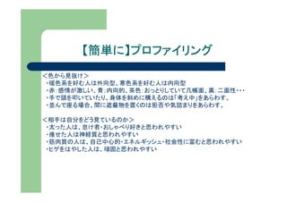 【簡単に】プロファイリング
        簡単に】
＜色から見抜け＞
 ・暖色系を好む人は外向型、寒色系を好む人は内向型
 ・赤：感情が激しい、青；内向的、茶色：おっとりしていて几帳面、黒：二面性・・・
 ・手で頭を叩いていたり、身体を斜めに構えるのは「考え中」をあらわす。
 ・並んで座る場合、間に遮蔽物を置くのは拒否や気詰まりをあらわす。

＜相手は自分をどう見ているのか＞
 ・太った人は、怠け者・おしゃべり好きと思われやすい
 ・痩せた人は神経質と思われやすい
 ・筋肉質の人は、自己中心的・エネルギッシュ・社会性に富むと思われやすい
 ・ヒゲをはやした人は、頑固と思われやすい
 