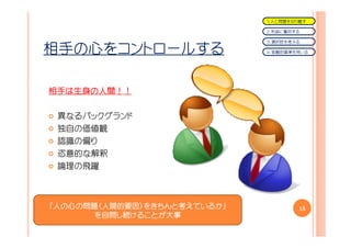 １．人と問題を切り離す

                             ２．利益に着目する

                             ３．選択肢を考える

相手の心をコントロールする                ４．客観的基準を用いる




相手は生身の人間！！
相手は生身の人間！！

 異なるバックグランド
 独自の価値観
 認識の偏り
 恣意的な解釈
 論理の飛躍



「人の心の問題（人間的要因）をきちんと考えているか」
     問題（人間的要因）をきちんと考えているか」           15
        自問し けることが大事
       を自問し続けることが大事
 
