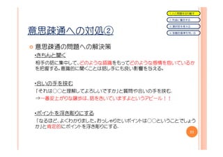 １．人と問題を切り離す

                               ２．利益に着目する

                               ３．選択肢を考える

意思疎通への対処②                      ４．客観的基準を用いる




意思疎通の問題への解決策
・きちんと聞く
相手の話に集中して、どのような認識をもってどのような感情を抱いているか
を把握する。意識的に聞くことは話し手にも良い影響を与える。


・合いの手を挟む
「それは○○と理解してよろしいですか」と質問や合いの手を挟む.
⇒一番安上がりな譲歩は、話をきいていますよというアピール！！


・ポイントを浮き彫りにする
「なるほど、よくわかりました。おっしゃりたいポイントは○○ということでしょう
か」と肯定的にポイントを浮き彫りにする.
                                       21
 