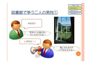 １．人と問題を切り離す

                      ２．利益に着目する

                      ３．選択肢を考える

図書館で争う二人の男性①          ４．客観的基準を用いる




    半分だけ



     空気の入れ替えをし
     たいんだけどな～


   いやだよ！！


                  風に当たるのが
                 いやなんだよな～
                              25
 