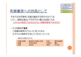 １．人と問題を切り離す

                                     ２．利益に着目する

                                     ３．選択肢を考える

利害衝突への対処として                          ４．客観的基準を用いる




交渉ではほぼ確実に利害が衝突する部分が出てくる.
しかし、「意思の強さ」で交渉すると駆け引き型になる.
 ⇒どちらの意思にも左右されない客観的基準で交渉する

 ２つの視点が重要
  つの視点が
    視点
 ①客観的基準をどのように見つけるか.
 ②それらの基準を交渉にどう生かしていくか.

   一般的な合意のものさし
   ・市場の相場   ・裁判所の判断の予想   ・先例    ・専門的基準
   ・良識      ・科学的見地       ・平等性   ・慣行
   ・効率      ・相互性         ・原価    ・その他
                                             43
 