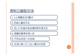 原則立脚型交渉
１．人と問題を切り離す

２．利益に着目する

３．互いに利益のある選択肢を考える

４．客観的基準を用いる

５．不利な状況への対処

６．交渉に乗ってこない場合の対処
                    46
 