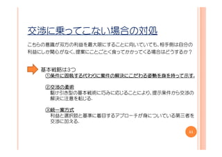 交渉に乗ってこない場合の対処
こちらの意識が双方の利益を最大限にすることに向いていても、相手側は自分の
利益にしか関心がなく、提案にことごとく食ってかかってくる場合はどうするか？


  基本戦略は３つ
    ①条件に固執する代わりに案件の解決にこだわる姿勢を身を持って示す.
     条件に固執する代わりに案件の解決にこだわる姿勢を
          する    案件   にこだわる姿勢    って示

    ②交渉の柔術
     交渉の
     駆け引き型の基本戦術に巧みに応じることにより、提示条件から交渉の
     解決に注意を転じる.

    ③統一案方式
     利益と選択肢と基準に着目するアプローチが身についている第三者を
     交渉に加える.

                                    51
 