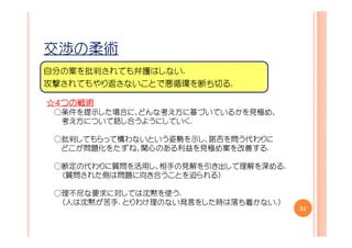 交渉の柔術
自分の案を批判されても弁護はしない.
攻撃されてもやり返さないことで悪循環を断ち切る.

☆４つの戦術
  つの戦術
 ○条件を提示した場合に、どんな考え方に基づいているかを見極め、
  考え方について話し合うようにしていく.

 ○批判してもらって構わないという姿勢を示し、諾否を問う代わりに
  どこが問題化をたずね、関心のある利益を見極め案を改善する.

 ○断定の代わりに質問を活用し、相手の見解を引き出して理解を深める.
  （質問された側は問題に向き合うことを迫られる）

 ○理不尽な要求に対しては沈黙を使う.
  （人は沈黙が苦手. とりわけ理のない発言をした時は落ち着かない.）
                                      52
 