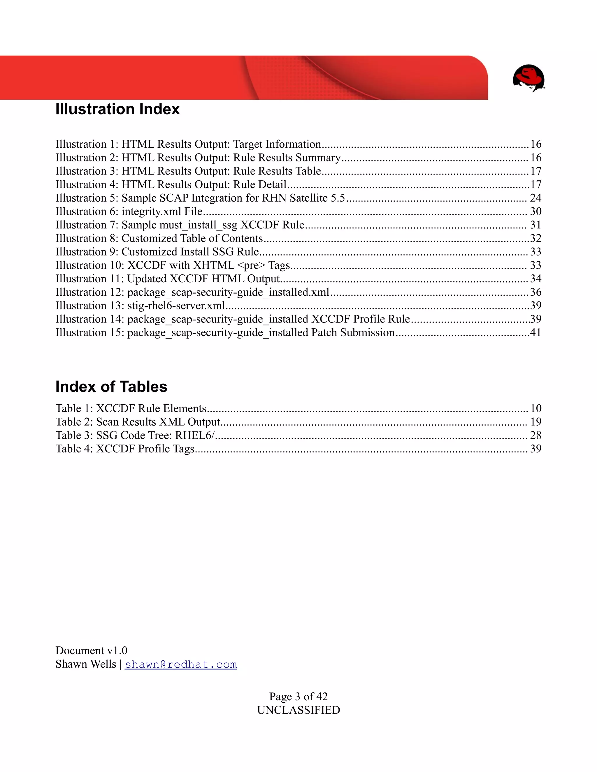 UNCLASSIFIED
Illustration Index
Illustration 1: HTML Results Output: Target Information.......................................................................16
Illustration 2: HTML Results Output: Rule Results Summary................................................................16
Illustration 3: HTML Results Output: Rule Results Table.......................................................................17
Illustration 4: HTML Results Output: Rule Detail...................................................................................17
Illustration 5: Sample SCAP Integration for RHN Satellite 5.5.............................................................. 24
Illustration 6: integrity.xml File............................................................................................................... 30
Illustration 7: Sample must_install_ssg XCCDF Rule............................................................................ 31
Illustration 8: Customized Table of Contents...........................................................................................32
Illustration 9: Customized Install SSG Rule............................................................................................33
Illustration 10: XCCDF with XHTML <pre> Tags................................................................................. 33
Illustration 11: Updated XCCDF HTML Output.....................................................................................34
Illustration 12: package_scap-security-guide_installed.xml....................................................................36
Illustration 13: stig-rhel6-server.xml........................................................................................................39
Illustration 14: package_scap-security-guide_installed XCCDF Profile Rule........................................39
Illustration 15: package_scap-security-guide_installed Patch Submission..............................................41
Index of Tables
Table 1: XCCDF Rule Elements..............................................................................................................10
Table 2: Scan Results XML Output......................................................................................................... 19
Table 3: SSG Code Tree: RHEL6/........................................................................................................... 28
Table 4: XCCDF Profile Tags.................................................................................................................. 39
Document v1.0
Shawn Wells | shawn@redhat.com
Page 3 of 42
UNCLASSIFIED
 