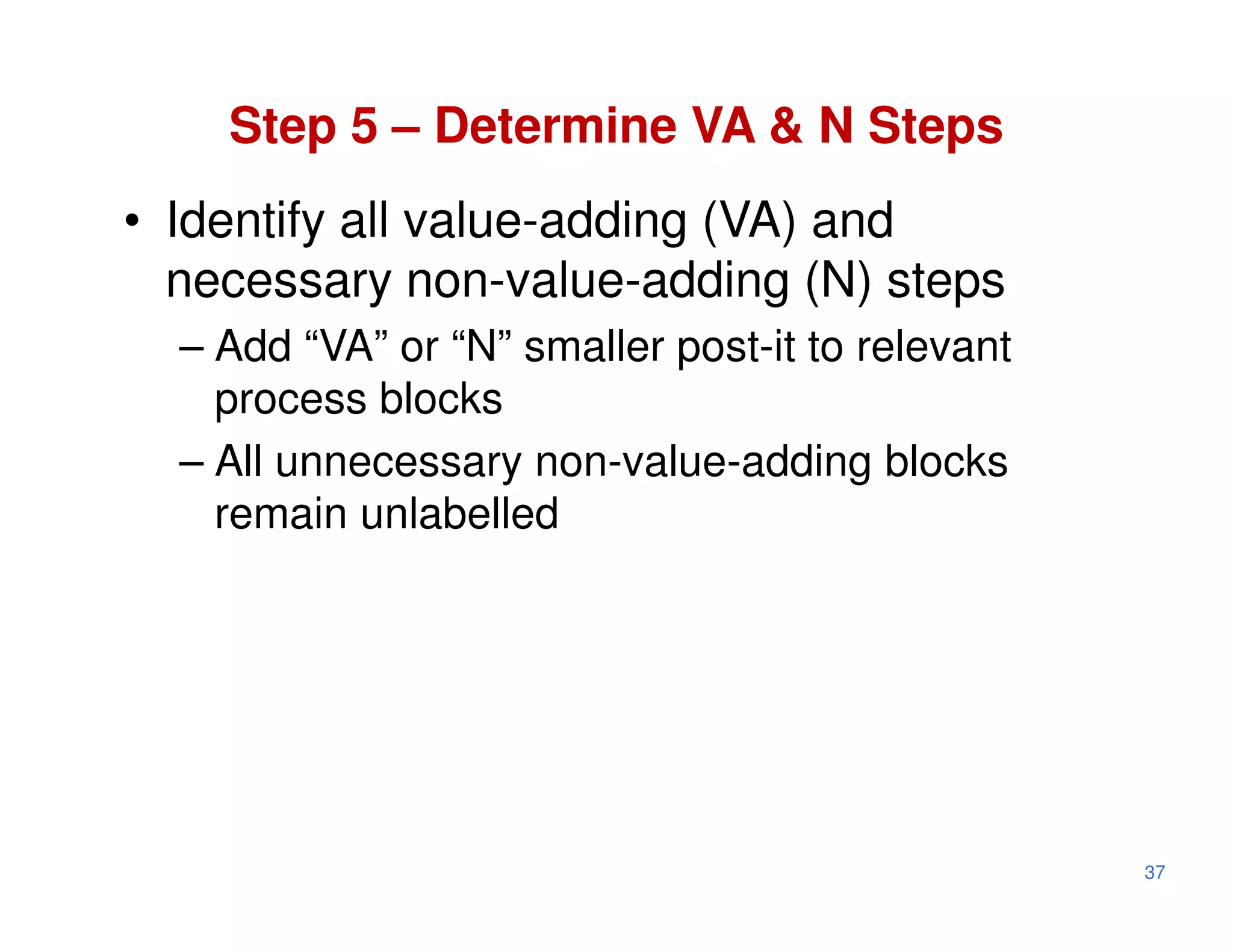 Step 5 – Determine VA & N Steps
• Identify all value-adding (VA) and
  necessary non-value-adding (N) steps
  – Add “VA” or “N” smaller post-it to relevant
    process blocks
  – All unnecessary non-value-adding blocks
    remain unlabelled




                                                  37
 