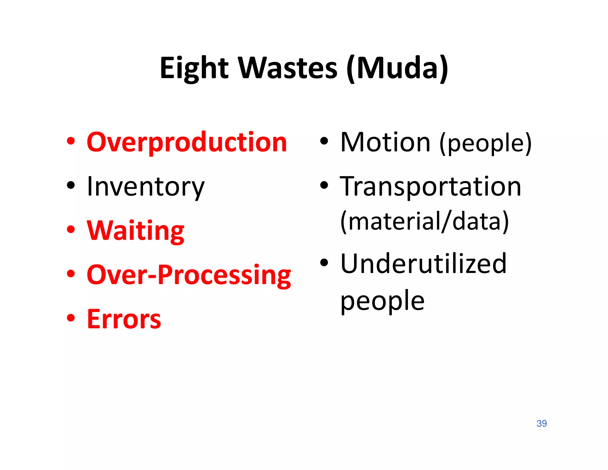 Eight Wastes (Muda)

•   Overproduction • Motion (people)
•   Inventory       • Transportation
•   Waiting           (material/data)
•   Over-Processing • Underutilized
                      people
•   Errors


                                        39
 