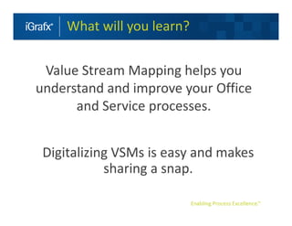 What will you learn?


 Value Stream Mapping helps you
understand and improve your Office
      and Service processes.


 Digitalizing VSMs is easy and makes
            sharing a snap.
 