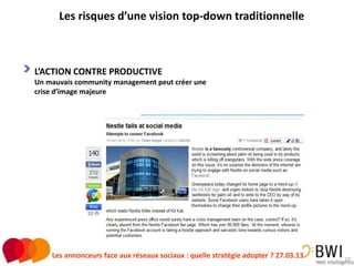 Les risques d’une vision top-down traditionnelle



L’ACTION CONTRE PRODUCTIVE
Un mauvais community management peut créer une
crise d’image majeure




    Les annonceurs face aux réseaux sociaux : quelle stratégie adopter ? 27.03.13   10
 