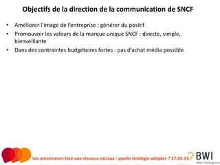 Objectifs de la direction de la communication de SNCF

• Améliorer l’image de l’entreprise : générer du positif
• Promouvoir les valeurs de la marque unique SNCF : directe, simple,
  bienveillante
• Dans des contraintes budgétaires fortes : pas d’achat média possible




          Les annonceurs face aux réseaux sociaux : quelle stratégie adopter ? 27.03.13   15
 