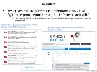 Résultats

  • Des crises mieux gérées en redonnant à SNCF sa
    légitimité pour répondre sur les thèmes d’actualité
              • Des démystifications régulières sur les fausses informations qui paraissent dans le
                web social
Intercepter, couper court à une rumeur avec le
compte Twitter SNCF Infopresse                       Eclairer influencer le débat avec la plateforme
                                                     Opinions et débats




                                                                                                       25
 