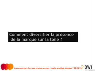 Comment diversifier la présence
de la marque sur la toile ?




                                                                                  5
  Les annonceurs face aux réseaux sociaux : quelle stratégie adopter ? 27.03.13
 
