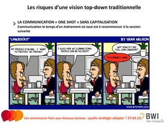 Les risques d’une vision top-down traditionnelle

LA COMMUNICATION « ONE SHOT » SANS CAPITALISATION
Communication le temps d’un événement où tout est à recommencer à la session
suivante




    Les annonceurs face aux réseaux sociaux : quelle stratégie adopter ? 27.03.13   9
 