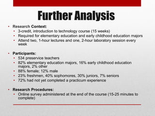 Further Analysis
• Research Context:
  • 3-credit, introduction to technology course (15 weeks)
  • Required for elementar...