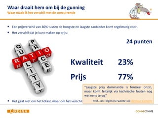 Waar draait hem om bij de gunning                                                                11
Waar maak ik het verschil met de concurrentie



 Een prijsverschil van 40% tussen de hoogste en laagste aanbieder komt regelmatig voor.
 Het verschil dat je kunt maken op prijs:

                                                                                 24 punten


                                             Kwaliteit                     23%
                                             Prijs                         77%
                                                    “Laagste prijs dominantie is formeel onzin,
                                                    maar komt feitelijk via technische fouten nog
                                                    wel eens terug”
 Het gaat niet om het totaal, maar om het verschil dat je kunt maken (UTwente) op iBestuur Congres
                                                            Prof. Jan Telgen
 