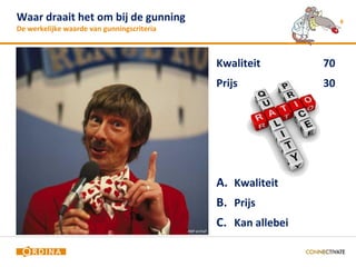 Waar draait het om bij de gunning                                               8
De werkelijke waarde van gunningscriteria



                                                          Kwaliteit        70
                                                          Prijs            30




                                                          A. Kwaliteit
                                                          B. Prijs

                                            ANP archief
                                                          C. Kan allebei
 