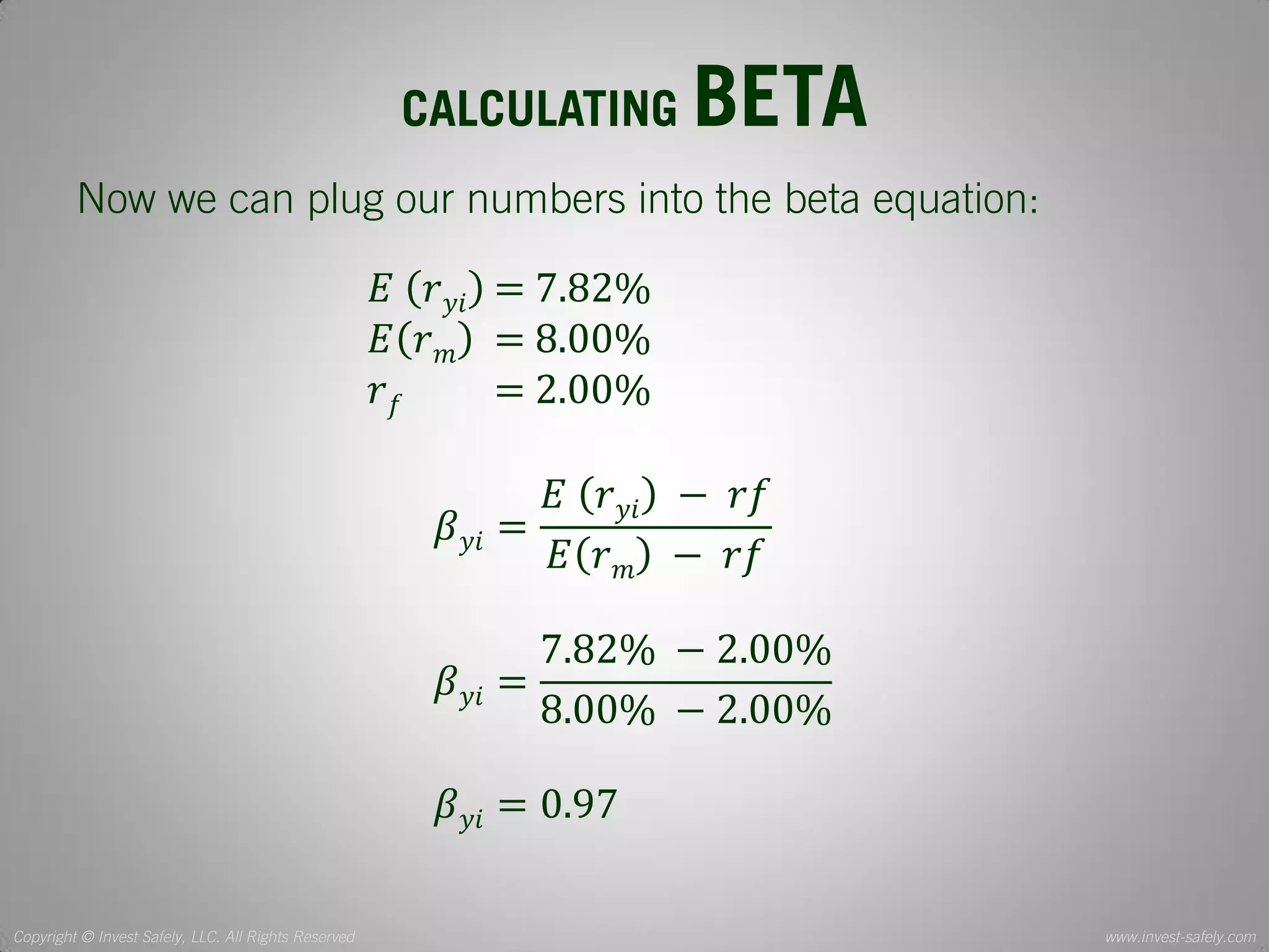 Copyright © Invest Safely, LLC. All Rights Reserved 
www.invest-safely.com 
11 
CALCULATING BETA 
Now we can plug our numbers into the beta equation: 
훽푦푖= 퐸 푟푦푖 − 푟푓 퐸푟푚 − 푟푓 
훽푦푖= 7.82% −2.00% 8.00% −2.00% 
훽푦푖=0.97 
퐸 푟푦푖 = 7.82% 퐸푟푚 = 8.00% 푟푓 = 2.00%  