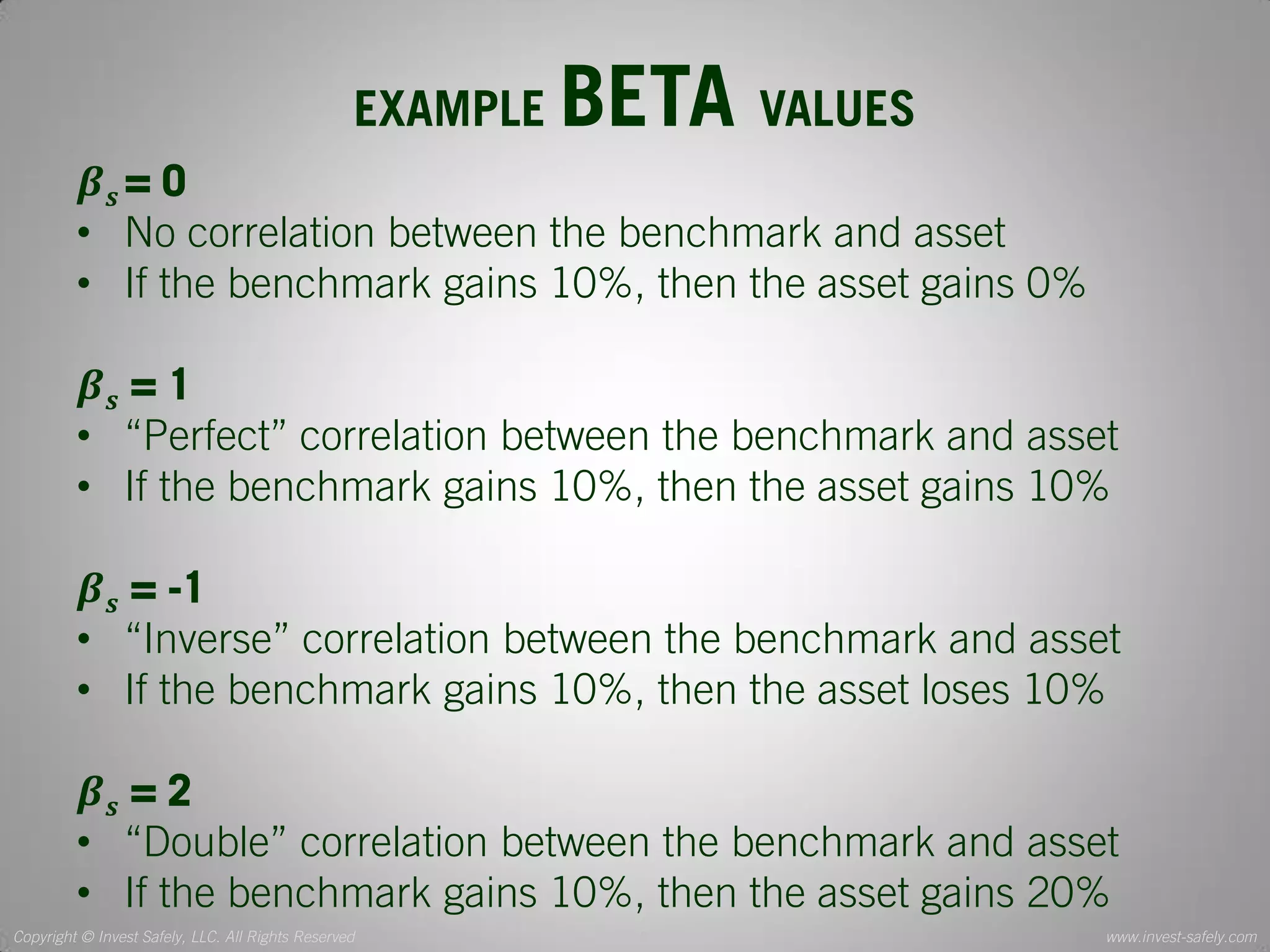 Copyright © Invest Safely, LLC. All Rights Reserved 
www.invest-safely.com 
8 
EXAMPLE BETA VALUES 
휷풔 = 0 
•No correlation between the benchmark and asset 
•If the benchmark gains 10%, then the asset gains 0% 휷풔 = 1 
•“Perfect” correlation between the benchmark and asset 
•If the benchmark gains 10%, then the asset gains 10% 휷풔 = -1 
•“Inverse” correlation between the benchmark and asset 
•If the benchmark gains 10%, then the asset loses 10% 휷풔 = 2 
•“Double” correlation between the benchmark and asset 
•If the benchmark gains 10%, then the asset gains 20%  