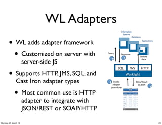 WL Adapters
       • WL adds adapter framework
        • Customized on server with
                      server-side JS
       • Supports HTTP, JMS, SQL, and
              Cast Iron adapter types
             • Most common use is HTTP
                      adapter to integrate with
                      JSON/REST or SOAP/HTTP

Monday, 25 March 13                               23
 