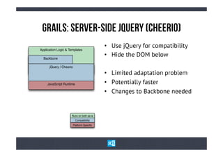 GrAiLs: SeRvEr-sIdE jQuErY (ChEeRiO)
                                            •  Use jQuery for compatibility
Application Logic & Templates

  Backbone
                                            •  Hide the DOM below
      jQuery / Cheerio

                                            •  Limited adaptation problem
     JavaScript Runtime                     •  Potentially faster
                                            •  Changes to Backbone needed


                     Runs on both as-is
                           Compatibility
                               Layer
                         Platform Speciﬁc
 