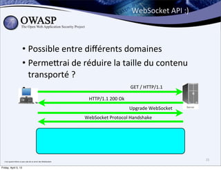 WebSocket	
  API	
  :)



                                  • Possible	
  entre	
  diﬀérents	
  domaines
                                  • Perme;rai	
  de	
  réduire	
  la	
  taille	
  du	
  contenu	
  
                                    transporté	
  ?
                                  •                                       	
  GET	
  /	
  HTTP/1.1	
  

                                                                                             HTTP/1.1	
  200	
  Ok
                                                                                                                     Upgrade	
  WebSocket
                                                                                           WebSocket	
  Protocol	
  Handshake




  c’est	
  quand	
  même	
  un	
  peu	
  sale	
  de	
  se	
  servir	
  des	
  WebSockets
                                                                                                                                               25

Friday, April 5, 13
 