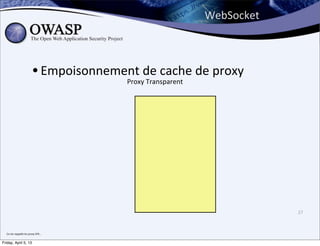 WebSocket



                                   • Empoisonnement	
  dransparent de	
  proxy
                                                 Proxy	
  T
                                                            e	
  cache	
  




                                                                                  27



  Ca	
  me	
  rappelle	
  les	
  proxy	
  SFR...


Friday, April 5, 13
 
