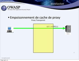 WebSocket



                                   • Empoisonnement	
  dransparent de	
  proxy
                                                 Proxy	
  T
                                                            e	
  cache	
  

                                                                  	
  GET	
  /	
  HTTP/1.1	
  




                                                                                                 27



  Ca	
  me	
  rappelle	
  les	
  proxy	
  SFR...


Friday, April 5, 13
 