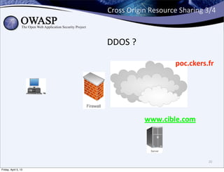 Cross	
  Origin	
  Resource	
  Sharing	
  3/4



                      DDOS	
  ?

                                                  poc.ckers.fr




                                     www.cible.com




                                                                20

Friday, April 5, 13
 