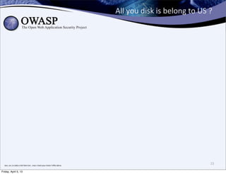 All	
  you	
  disk	
  is	
  belong	
  to	
  US	
  ?




  bon,	
  oui,	
  la	
  vidéo	
  a	
  été	
  faite	
  hier...mais	
  c’etait	
  pour	
  éviter	
  l’eﬀet	
  démo
                                                                                                                                                                     23

Friday, April 5, 13
 